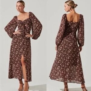 Astr Floral Long Sleeve Dress in Brown